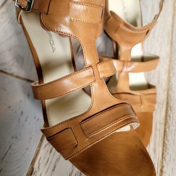 🐿 VIA SPIGA Hilda Cognac Leather Wood Heeled Italian Made Sandals 7 - Picture 4 of 7
